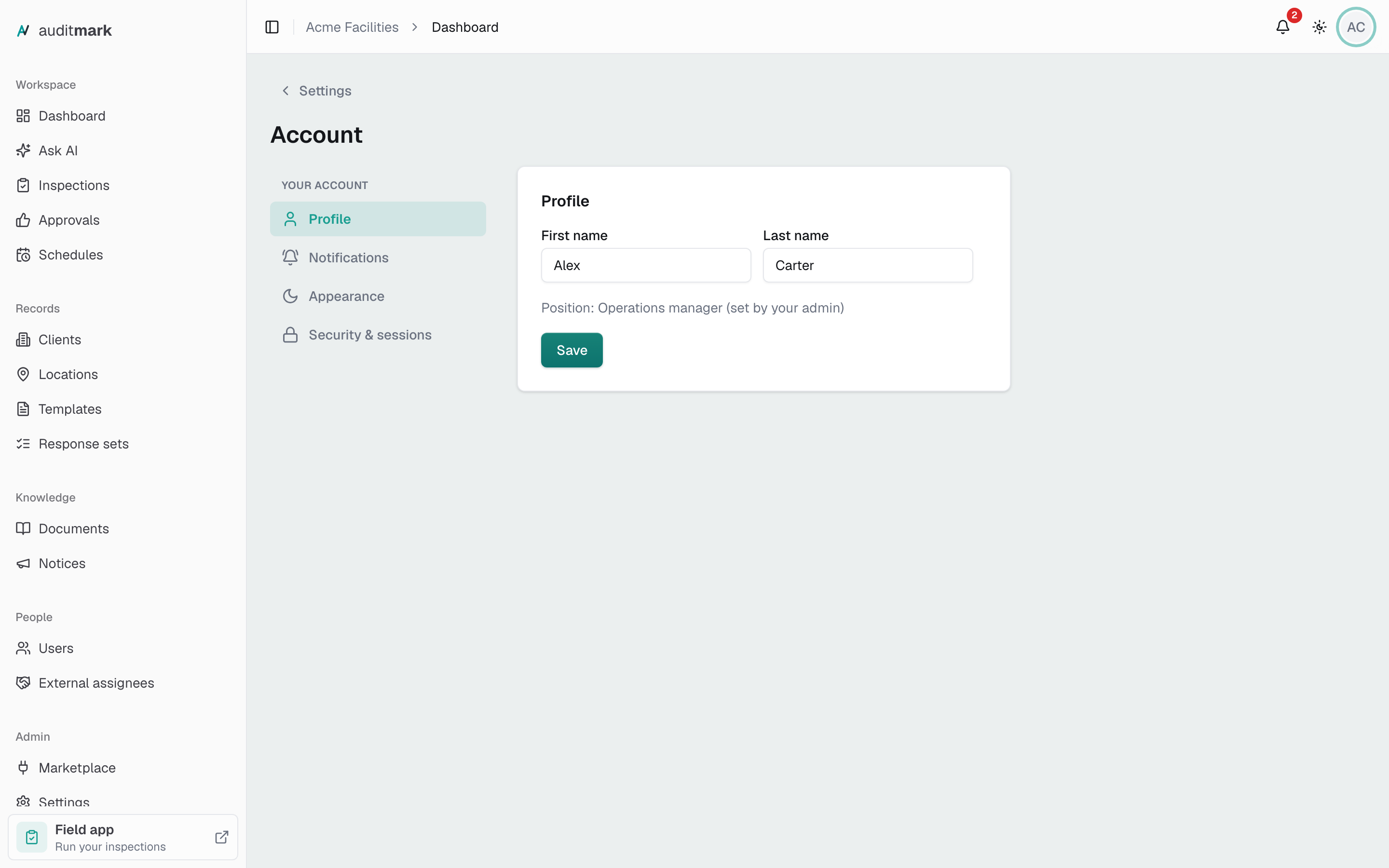 The Account screen with the Profile section open, showing First name and Last name boxes and a Save button