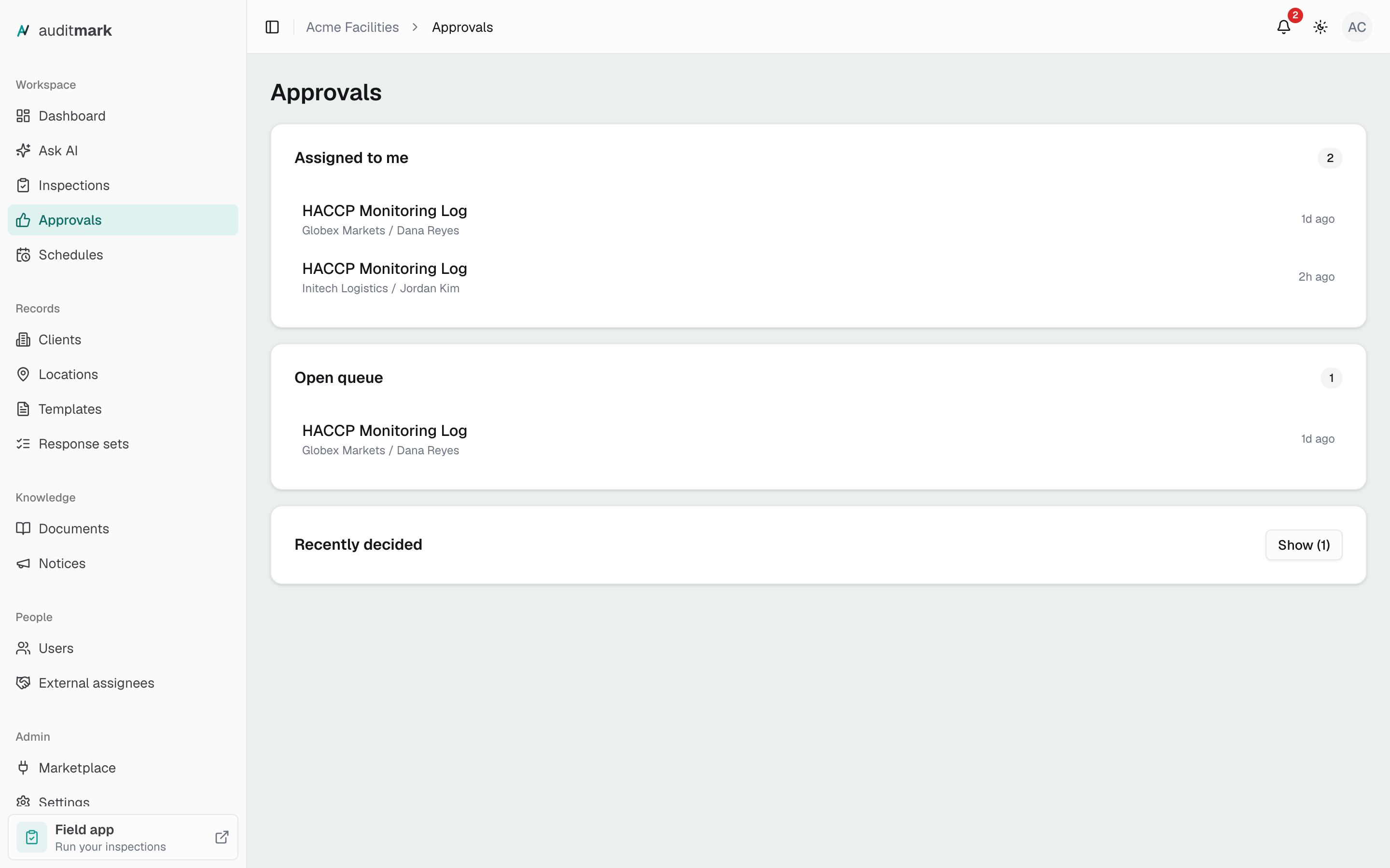The Approvals screen with inspections listed under Assigned to me and Open queue