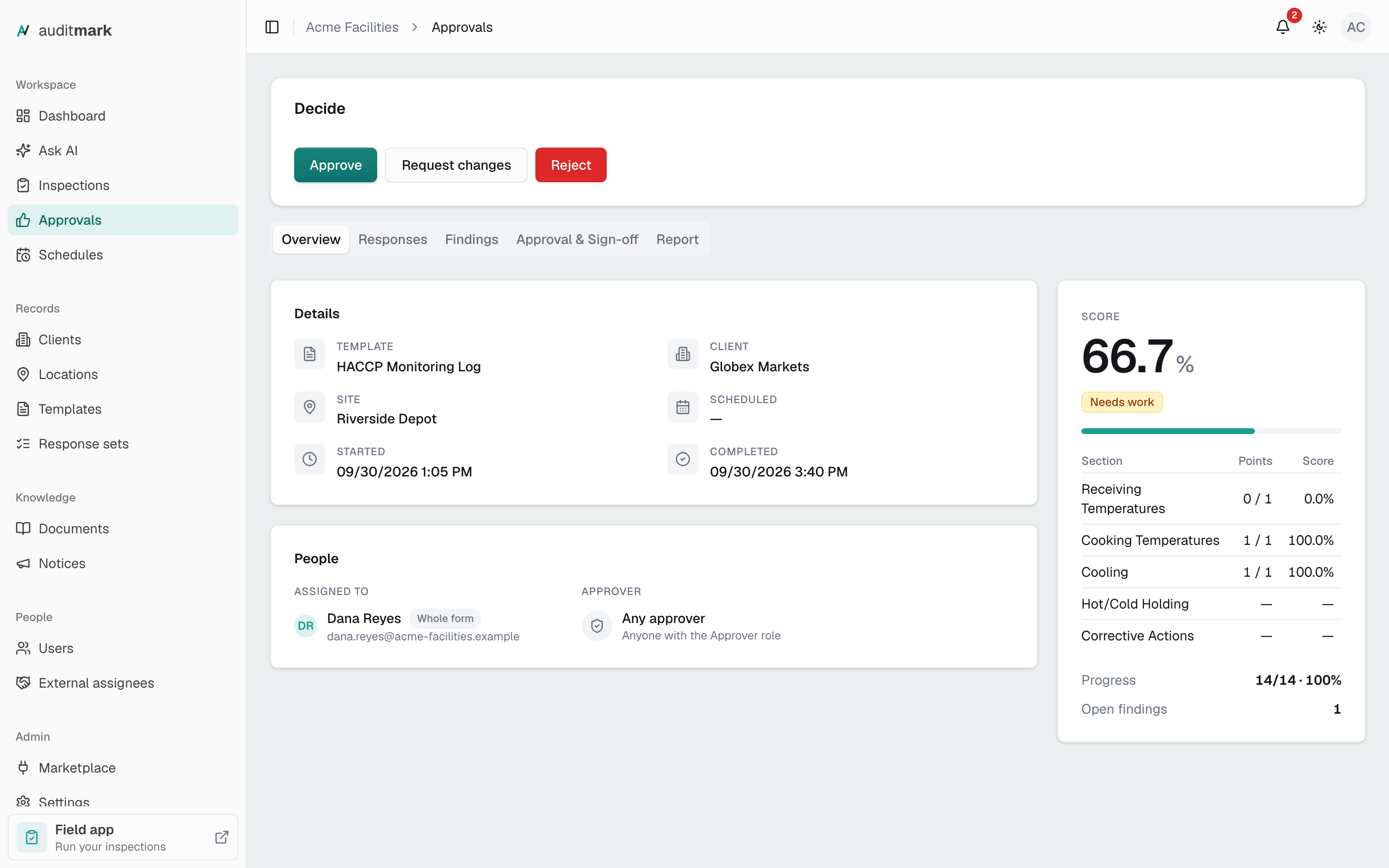 An inspection open for review, with the Decide card and its Approve, Request changes, and Reject buttons above the tabs