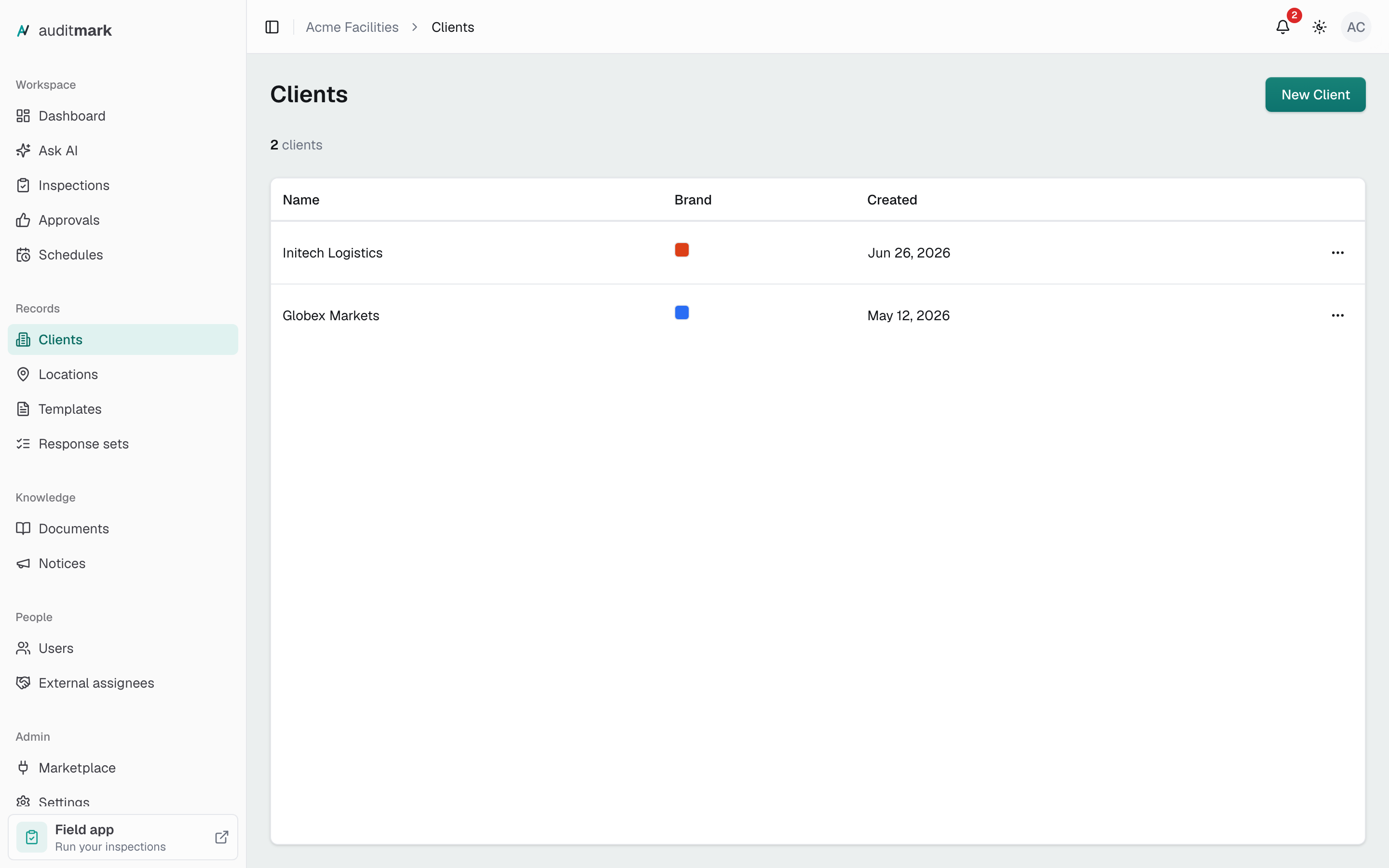 The clients list with two clients, Globex Markets and Initech Logistics, each with a small brand color square