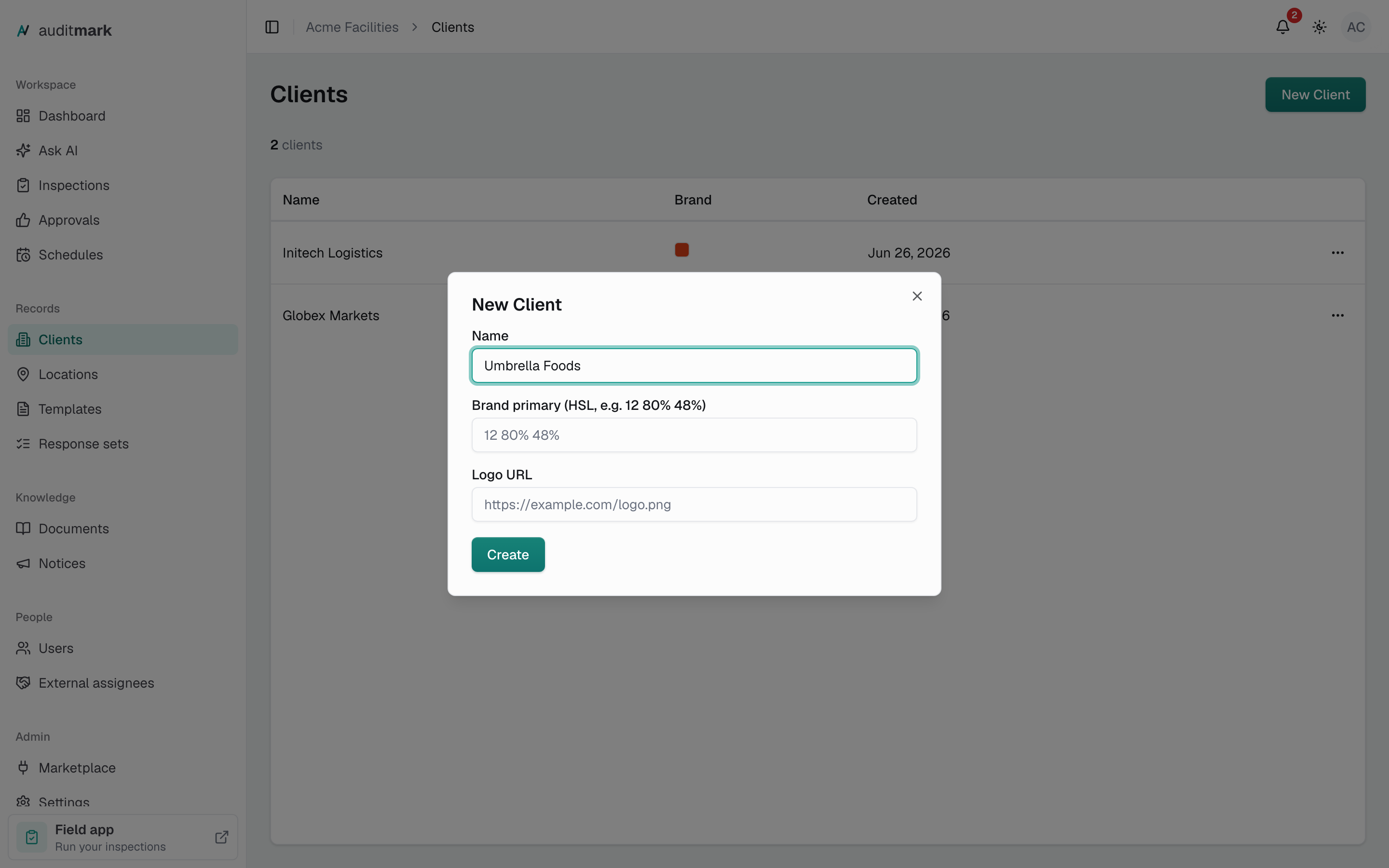 The New Client window with the Name, Brand primary, and Logo URL fields and the Create button