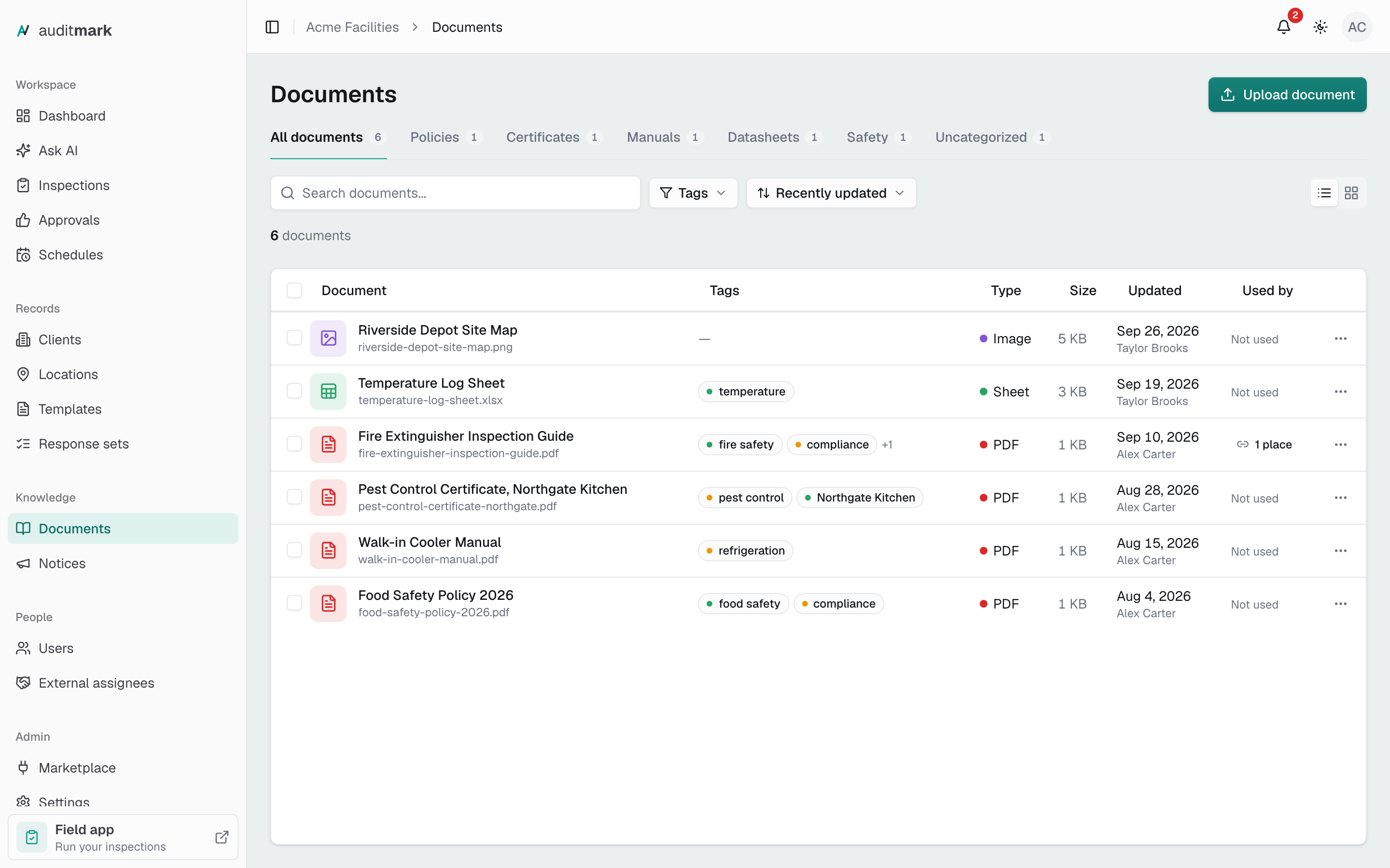 The documents library in list view, with category tabs, a search box, and several files with their tags