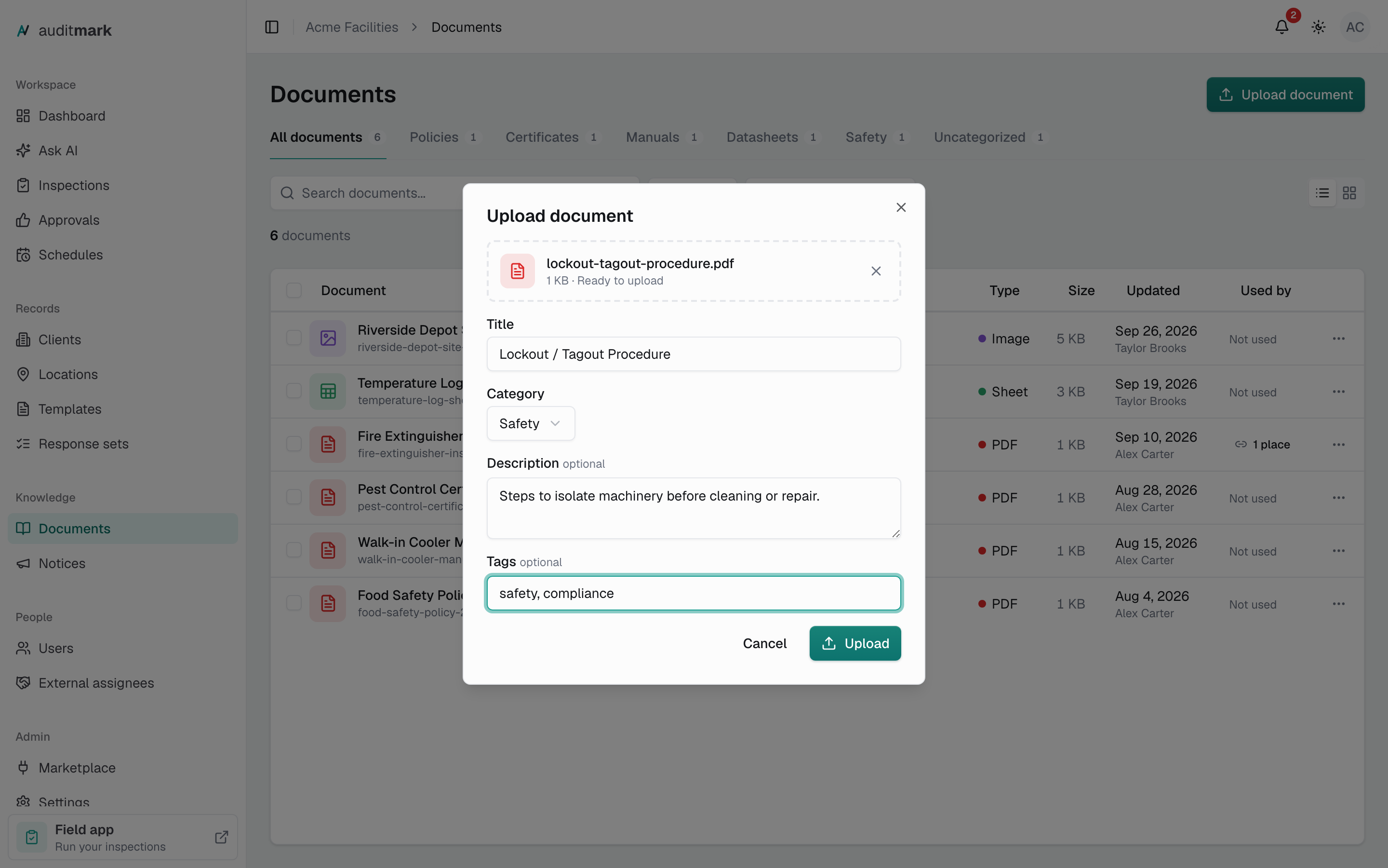 The Upload document dialog with a PDF chosen, a title typed in, and the Safety category picked
