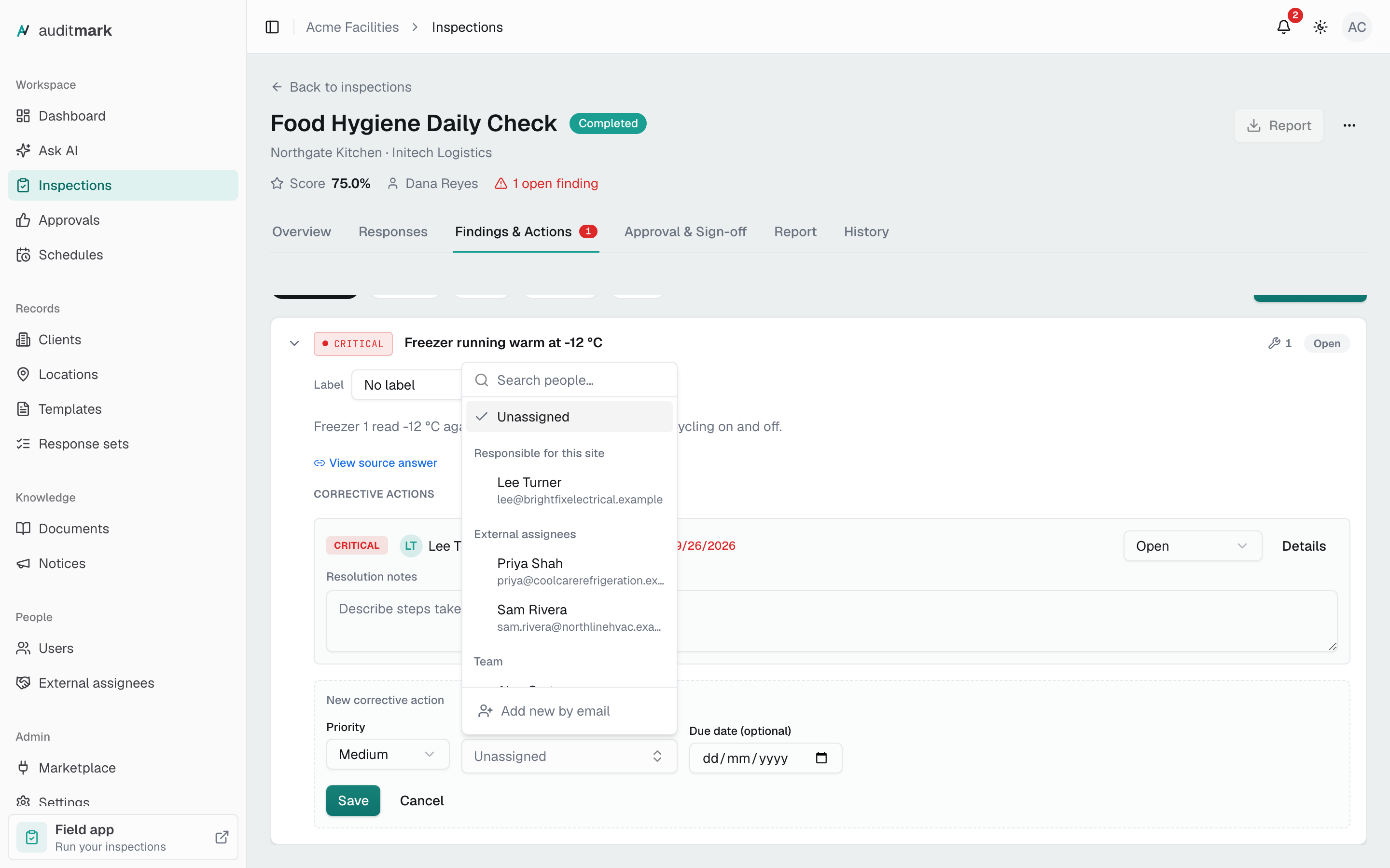 The Assignee list on a new corrective action, with one contractor under Responsible for this site above the other external assignees and the team