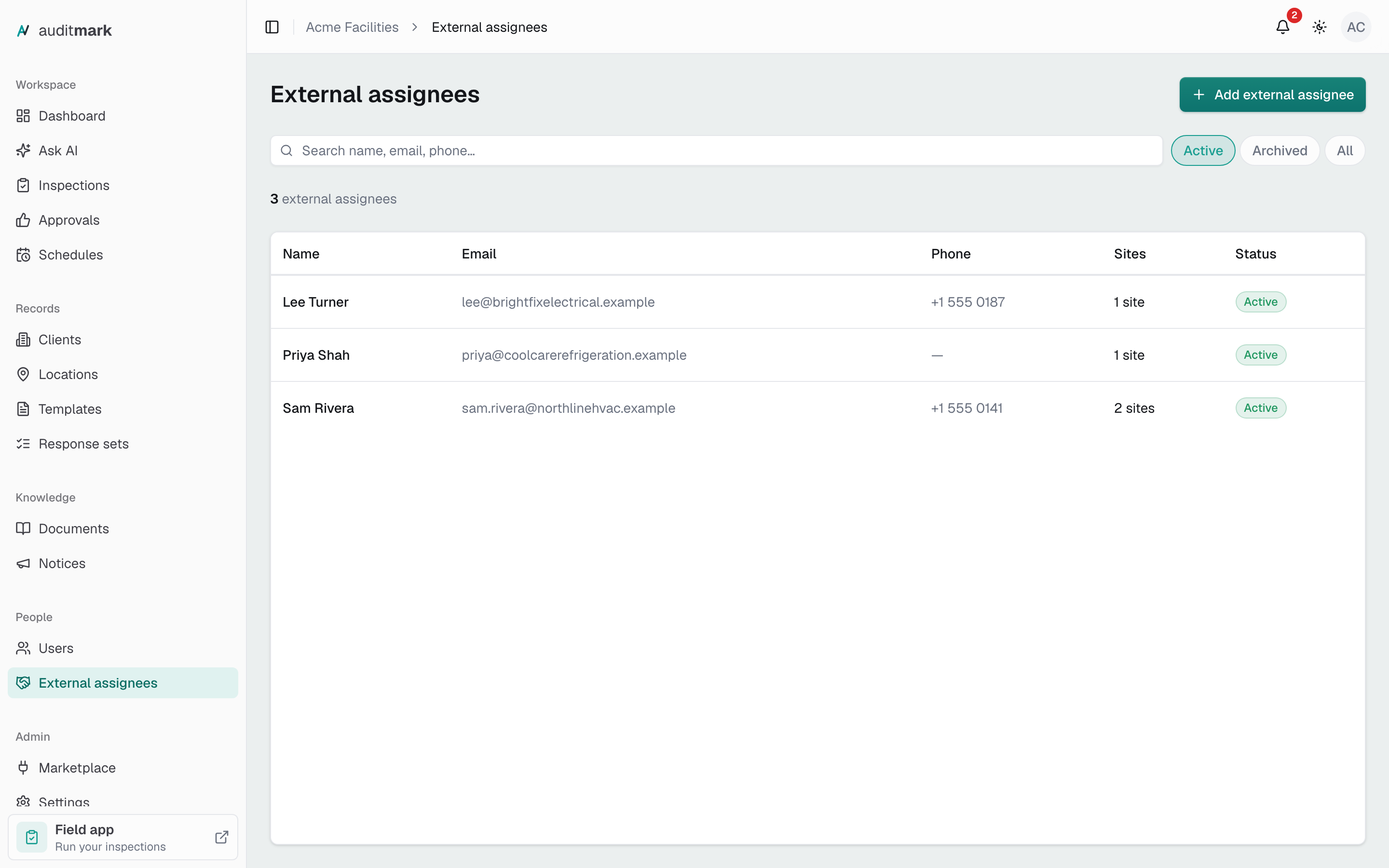 The External assignees list with three contractors, showing each one's email, phone, number of sites, and Active status