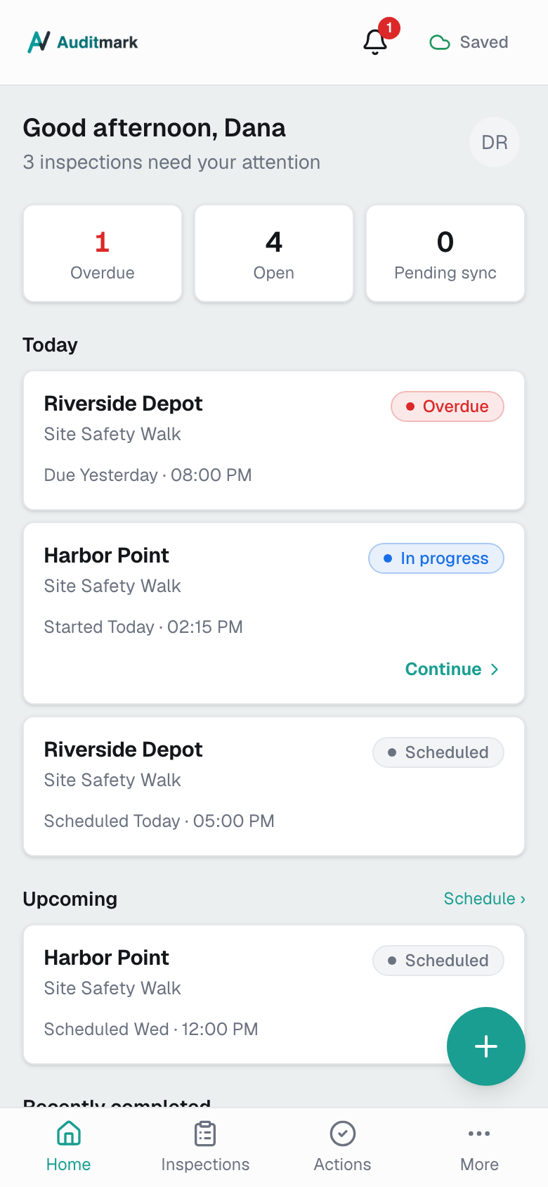 The field app home screen with Overdue, Open, and Pending sync counts above today's inspections