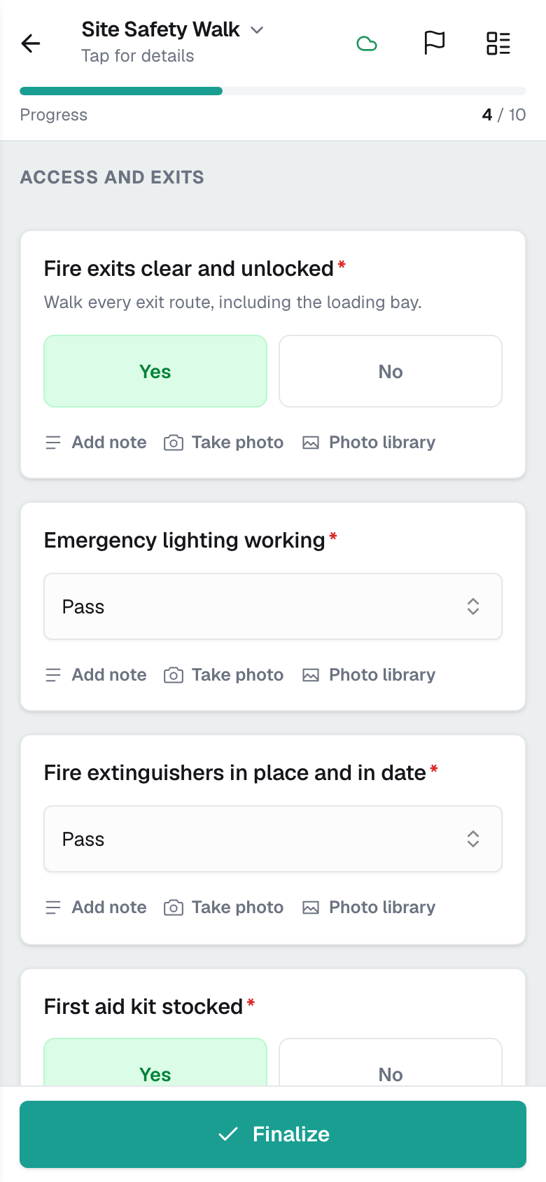 An inspection in progress, with the progress bar at the top, answered questions, and the Finalize button at the bottom