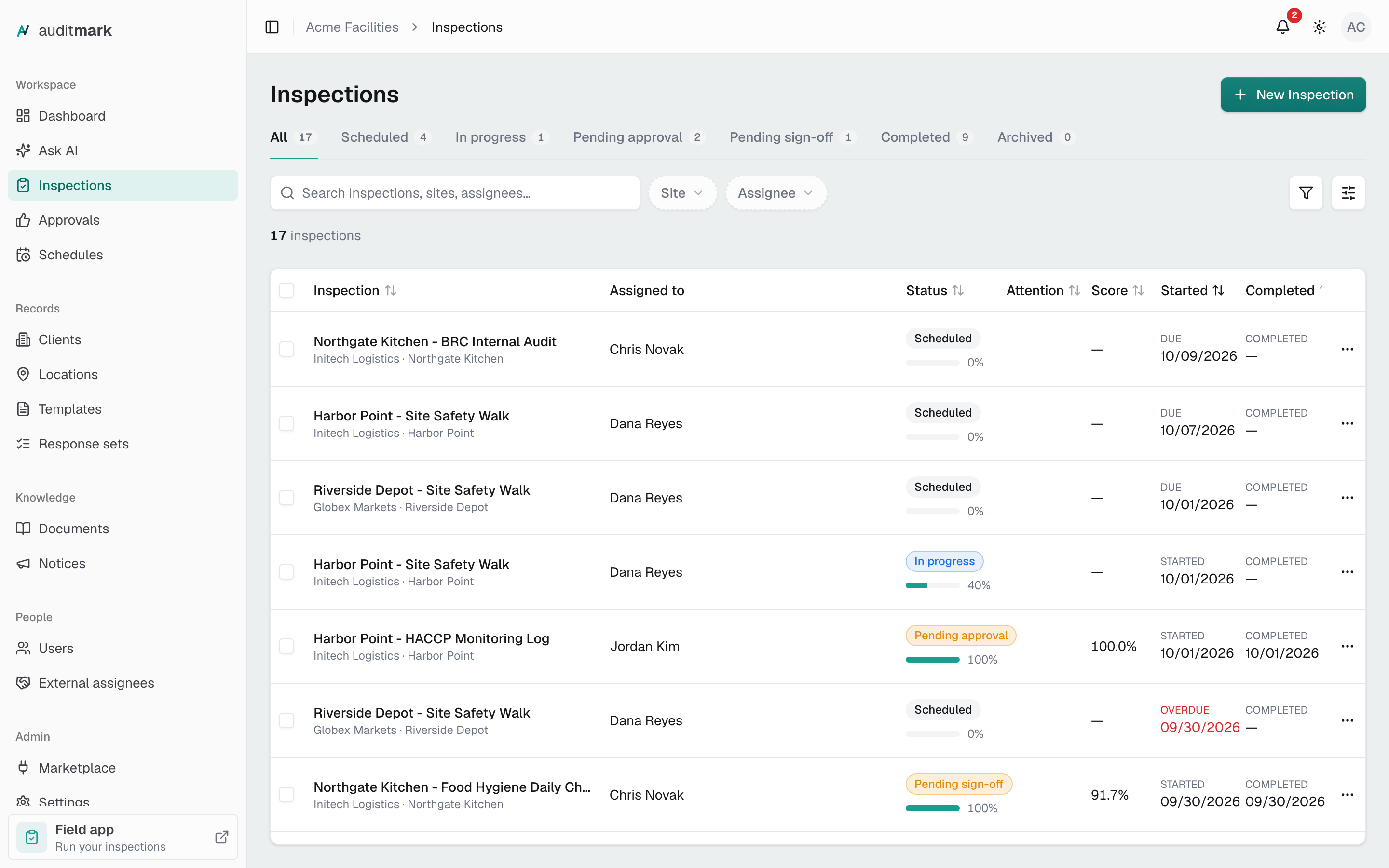 The inspections list with status tabs, a search box, filter pills, and a table of inspections