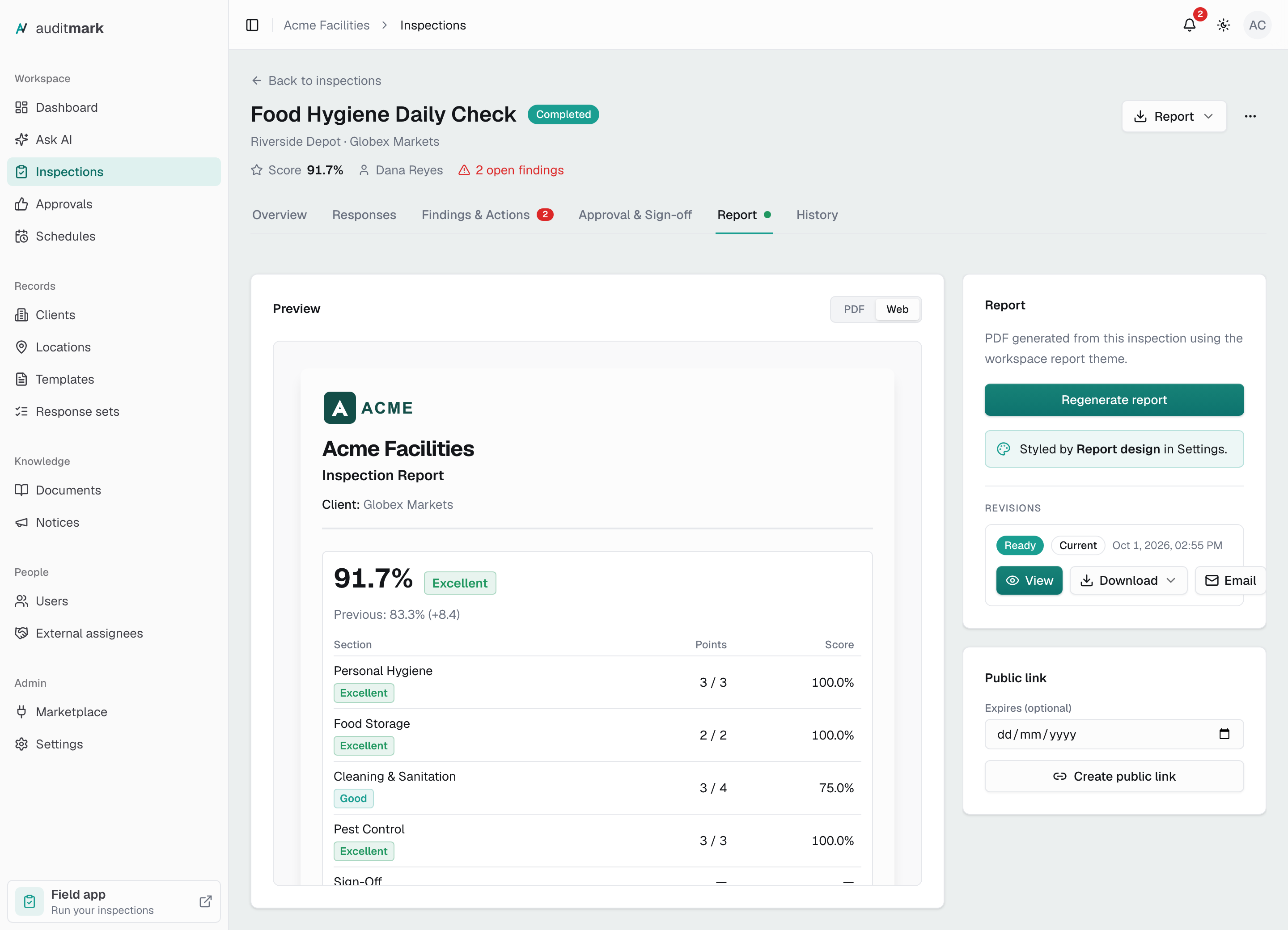 The Report tab with the report preview on the left and a ready report version on the right