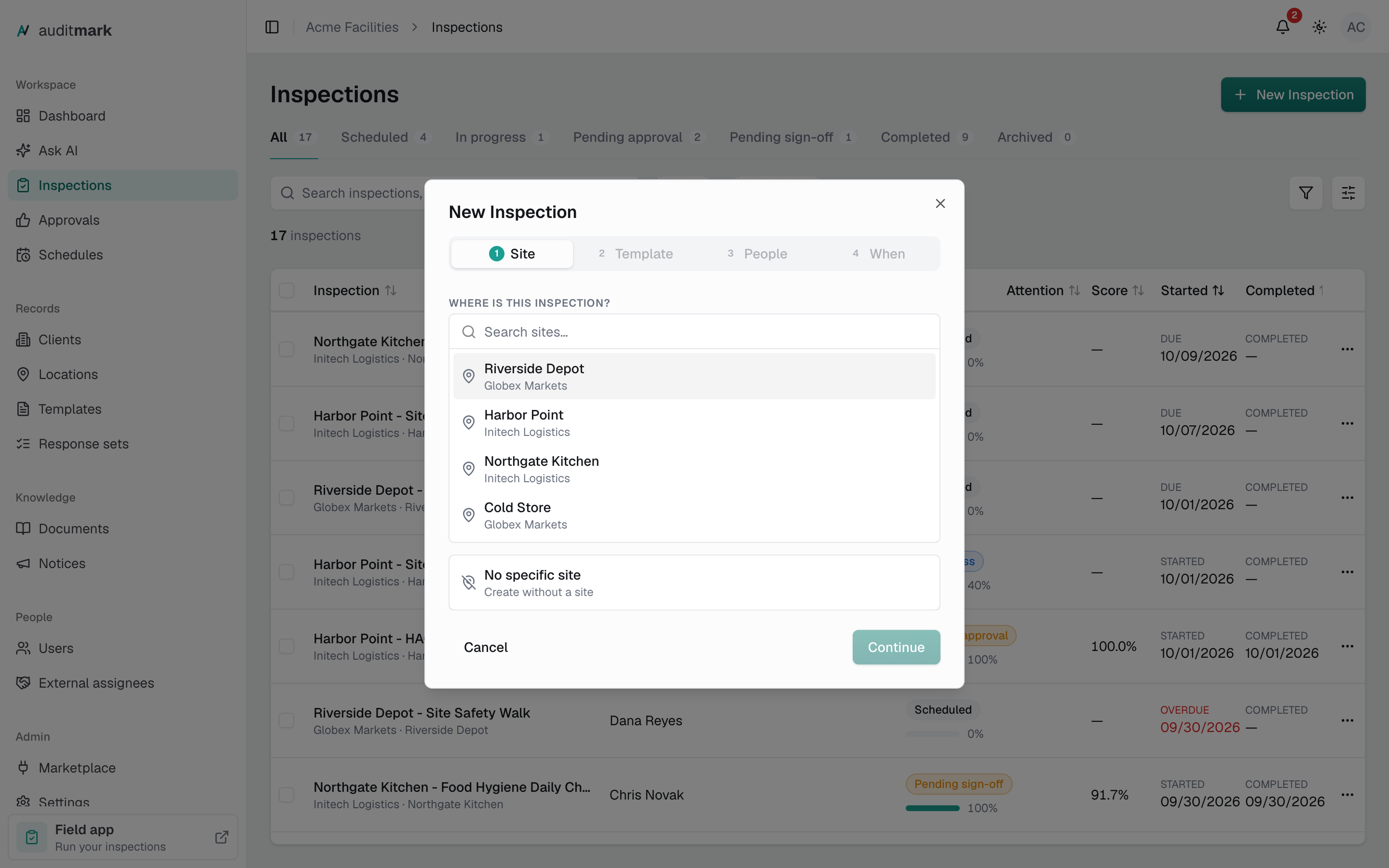 The New Inspection dialog on its first step, listing locations to choose from
