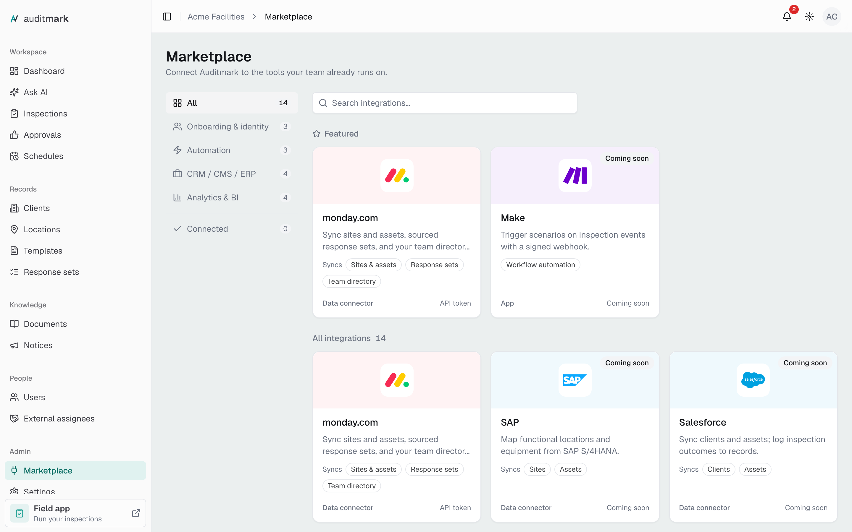 The Marketplace with vendor cards, a search box, and the category list on the left
