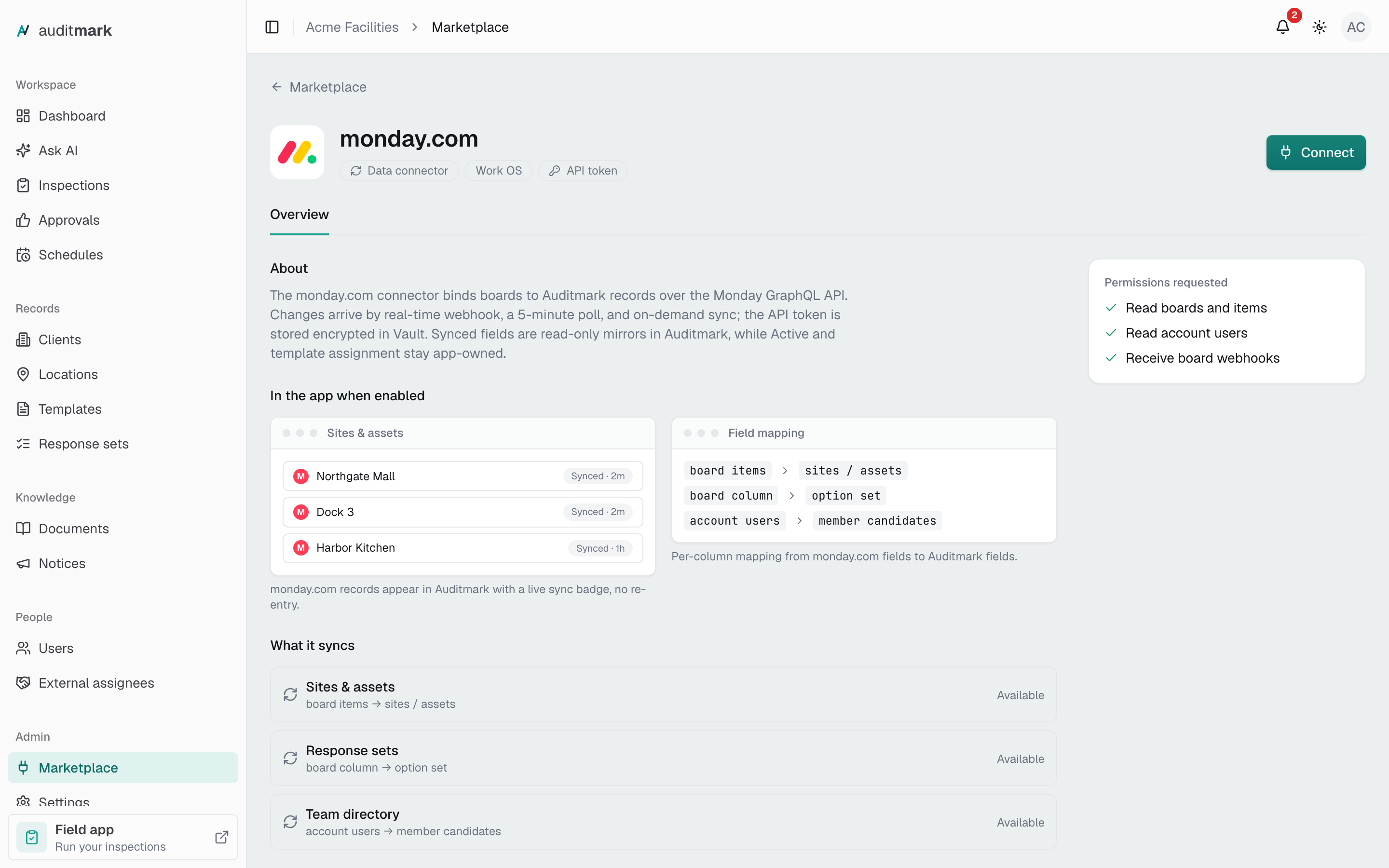 The monday.com page on its Overview tab, with the Connect button at the top right