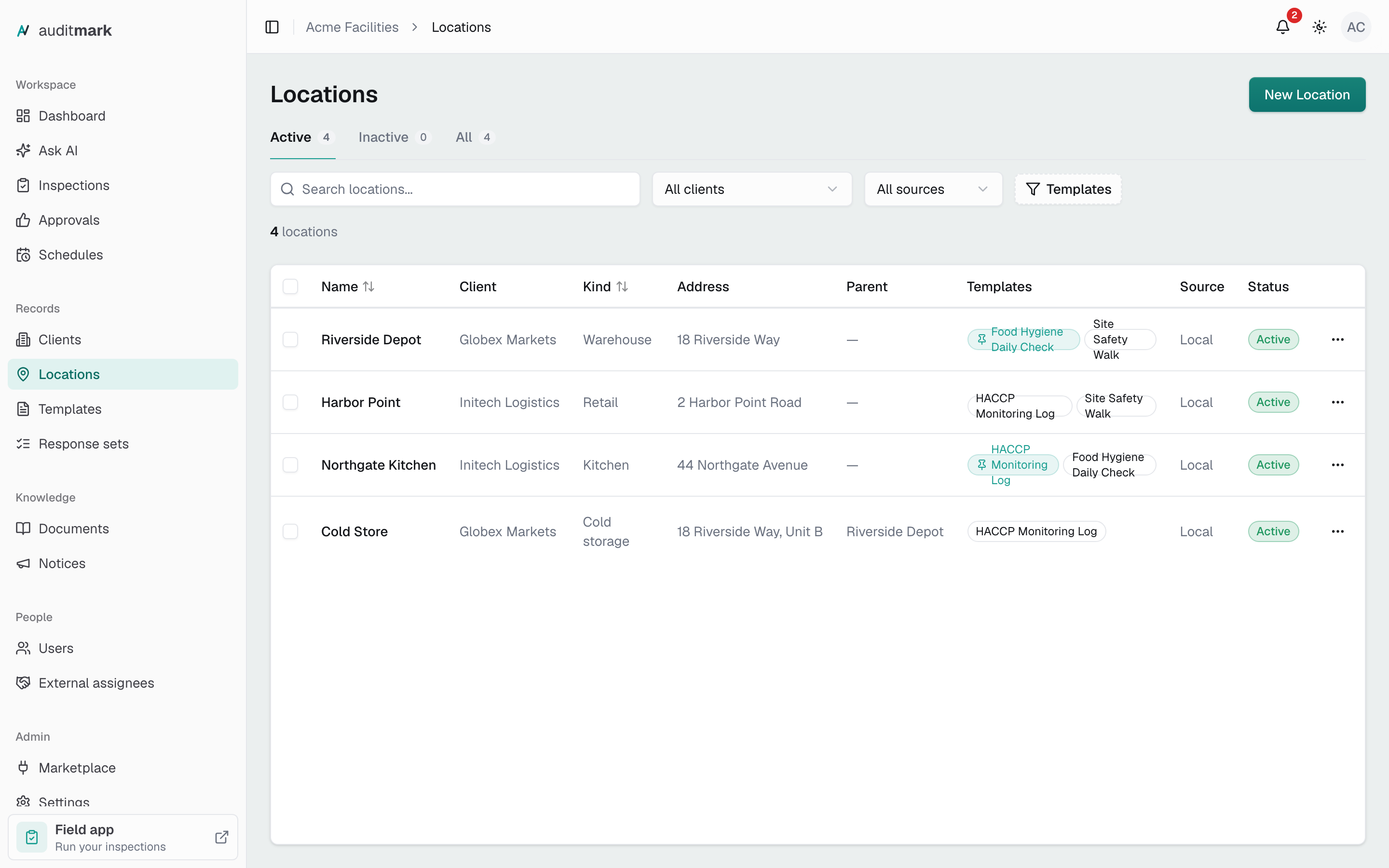 The locations list showing Riverside Depot, Harbor Point, and Northgate Kitchen with their clients