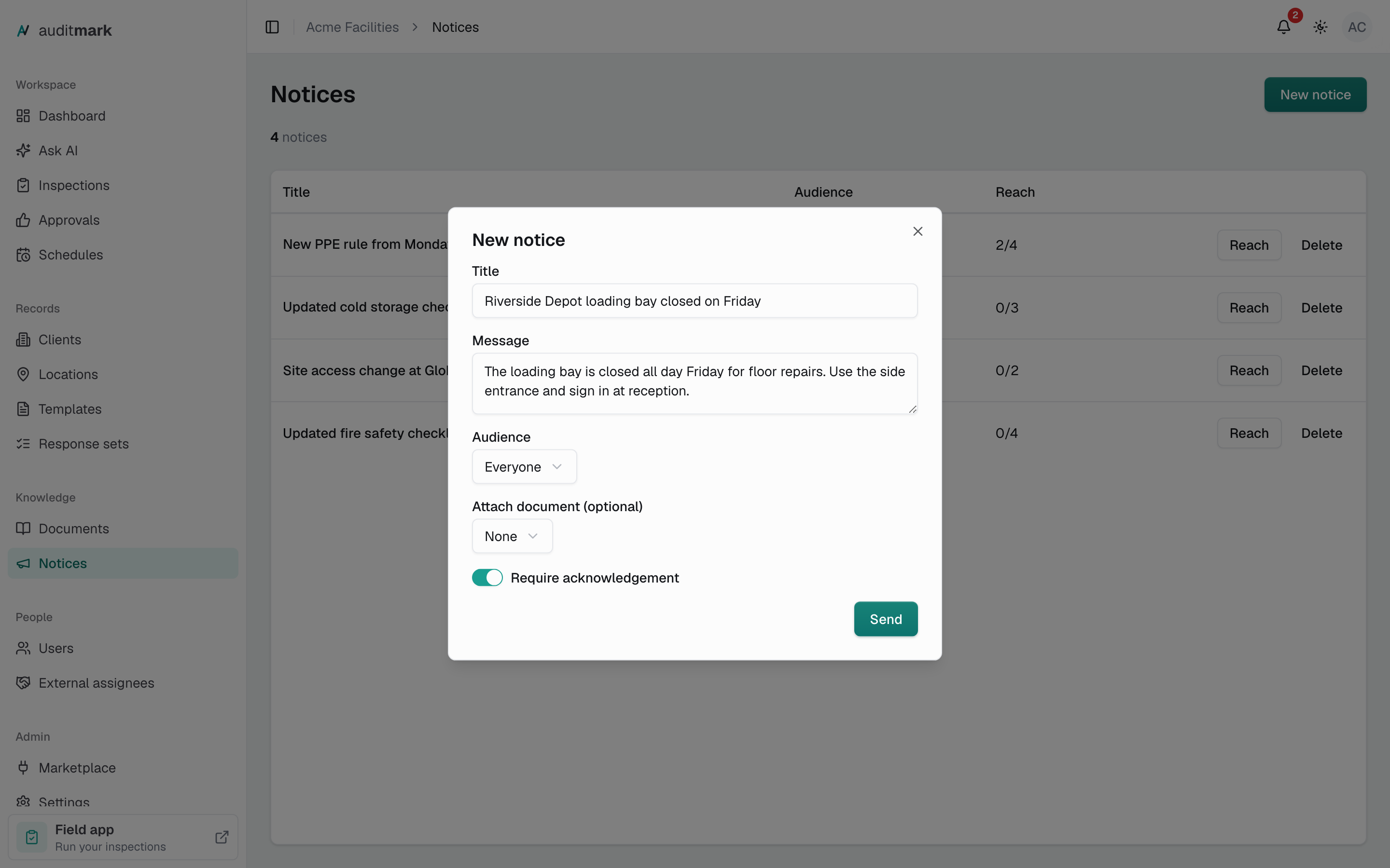 The New notice dialog with a title, a message, the audience set to Everyone, and Require acknowledgement turned on