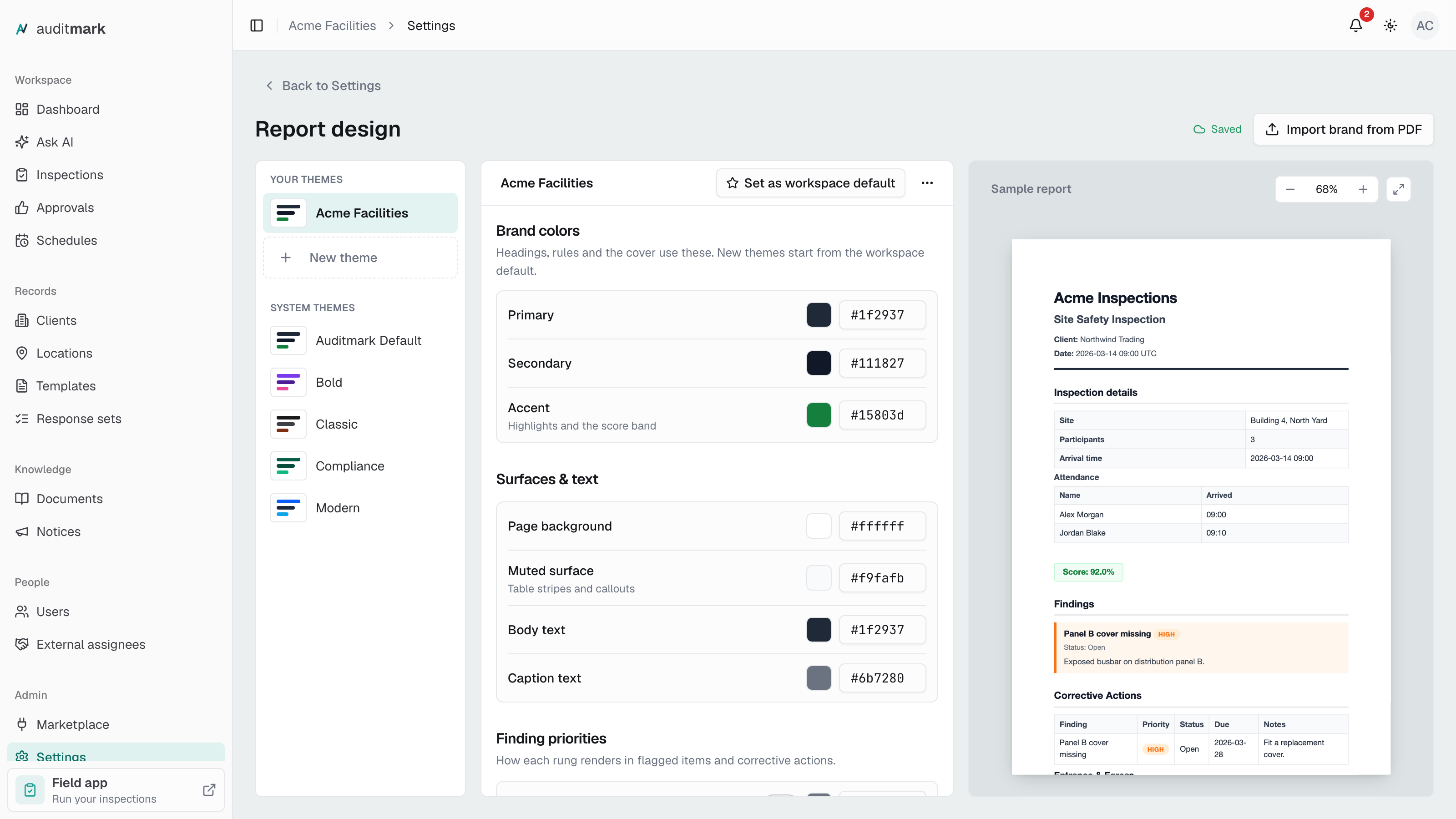 Report design with the list of themes on the left, the selected theme's settings in the middle, and a sample report on the right