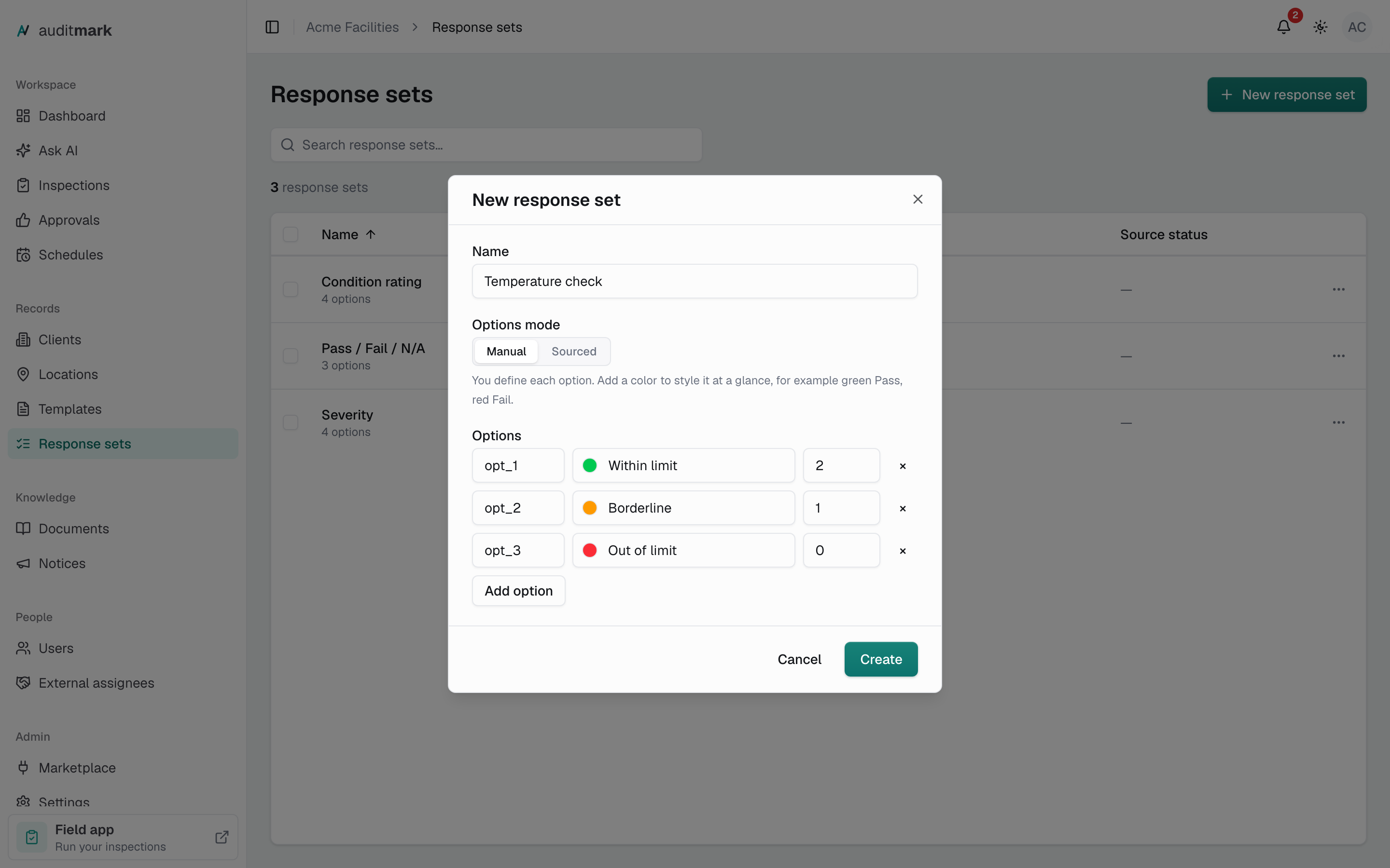 The New response set dialog with three options, each with a color and a score