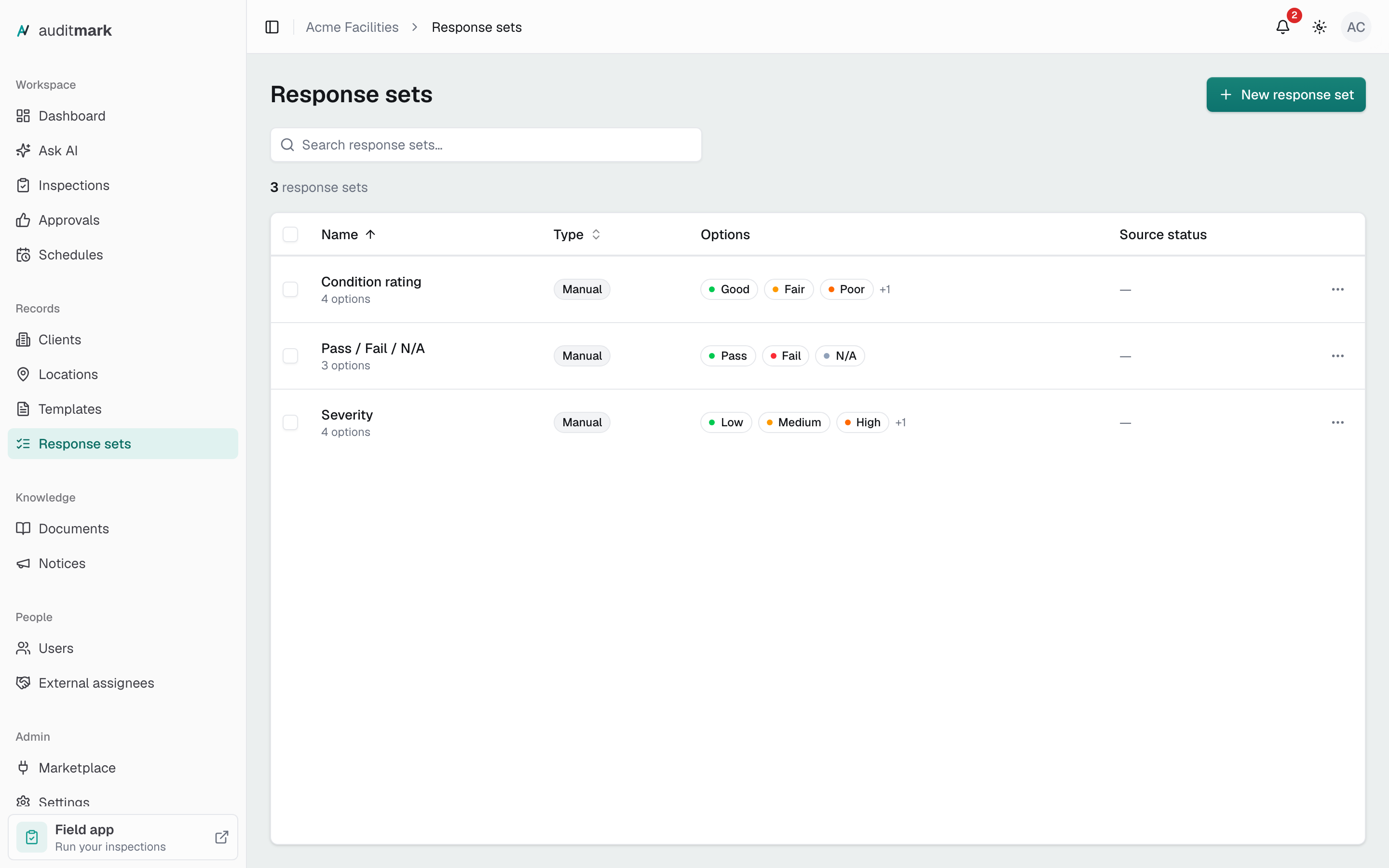 The Response sets page listing three sets, each with its colored options
