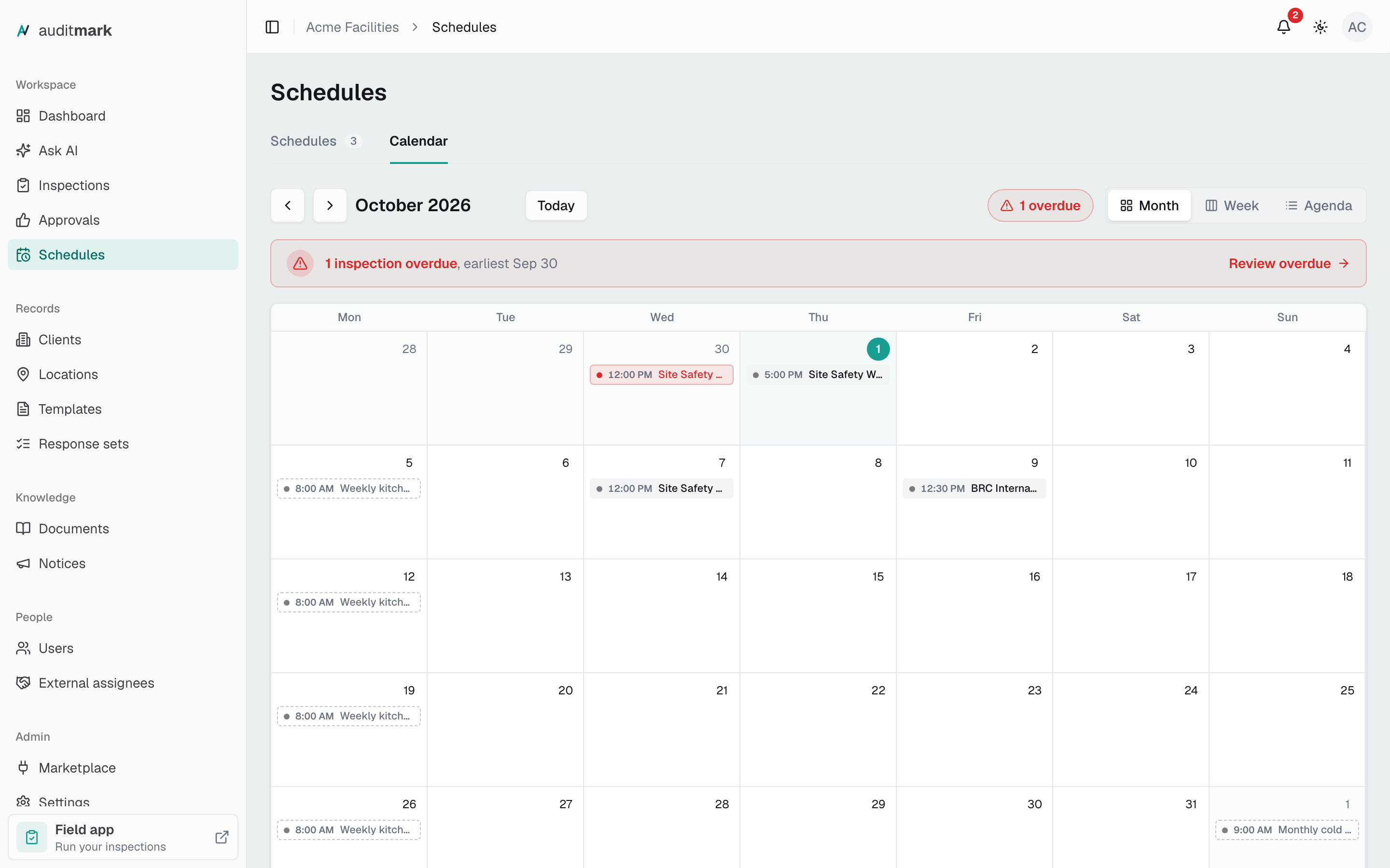 The month calendar with existing inspections and dashed upcoming runs from two schedules
