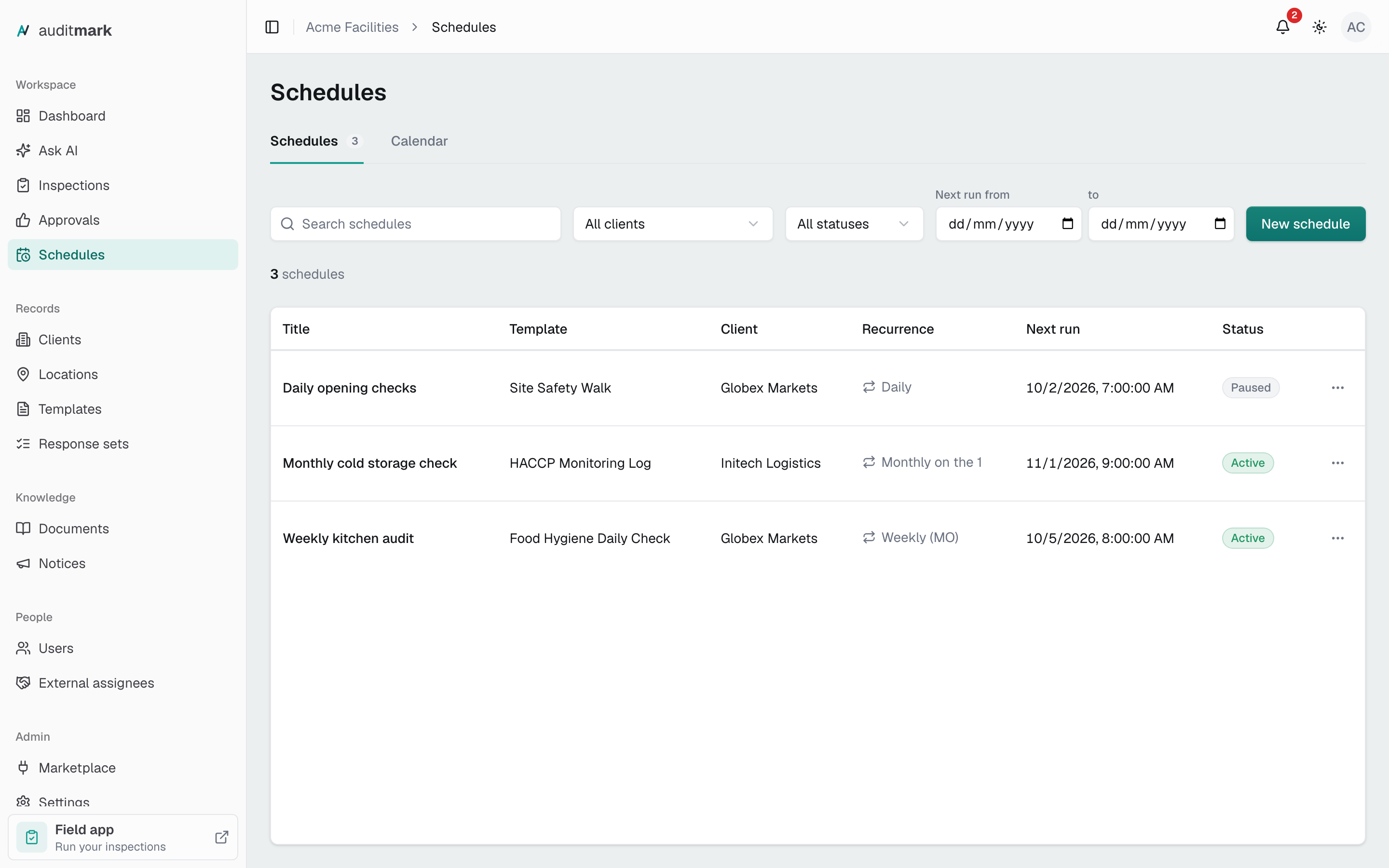 The schedules list with three schedules, each showing its template, client, repeat pattern, next run, and status
