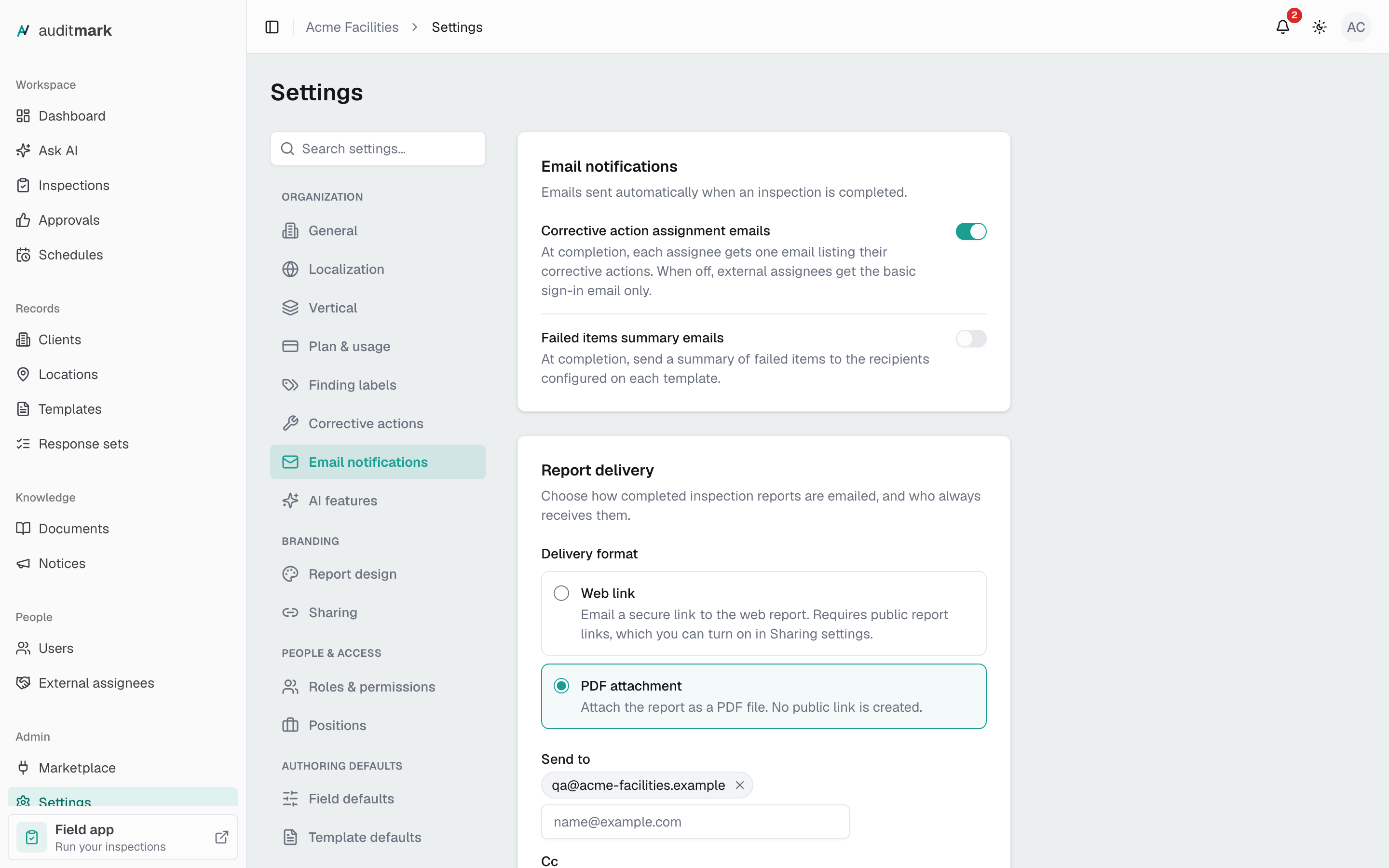 The Email notifications section with two email switches above the Report delivery card
