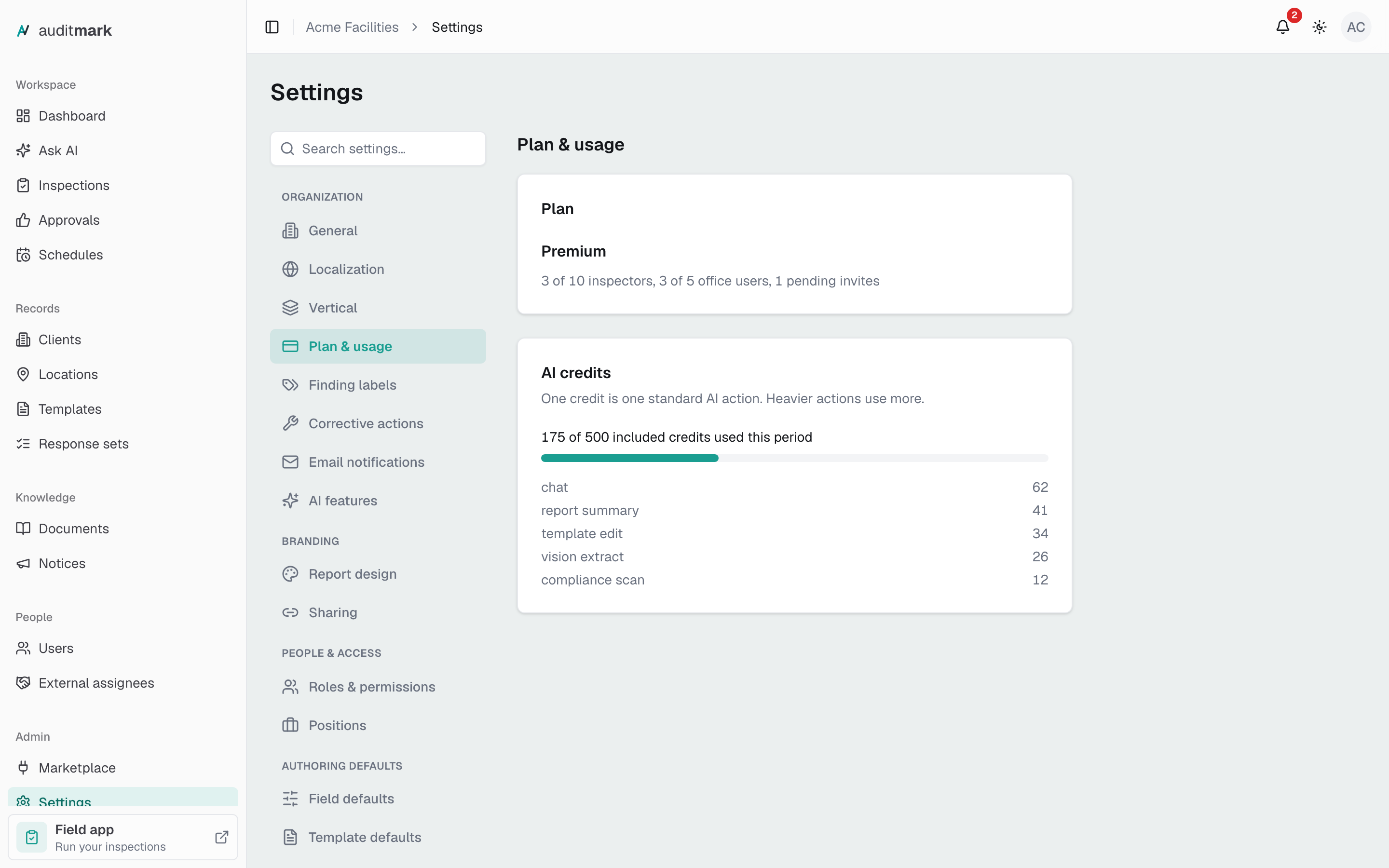The Plan and AI credits cards, with seat counts and a credit usage bar