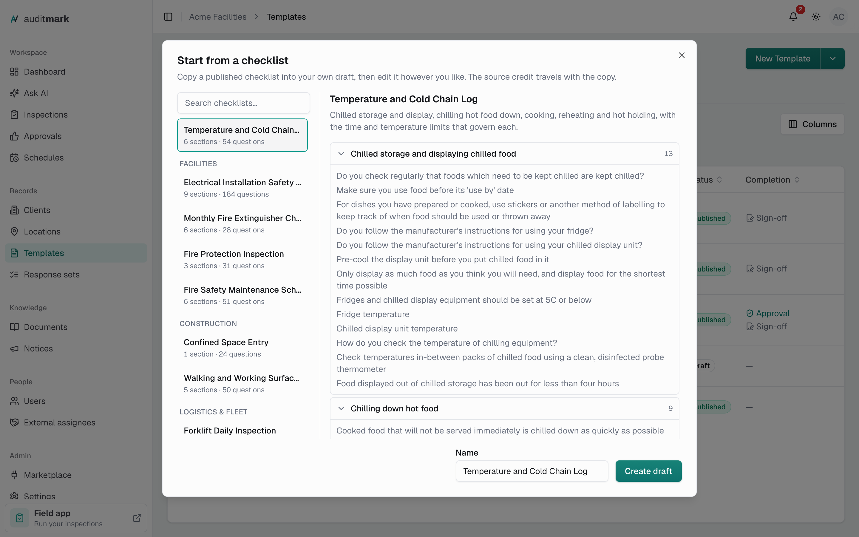 The Start from a checklist dialog with the checklist library on the left and a preview of the selected checklist on the right
