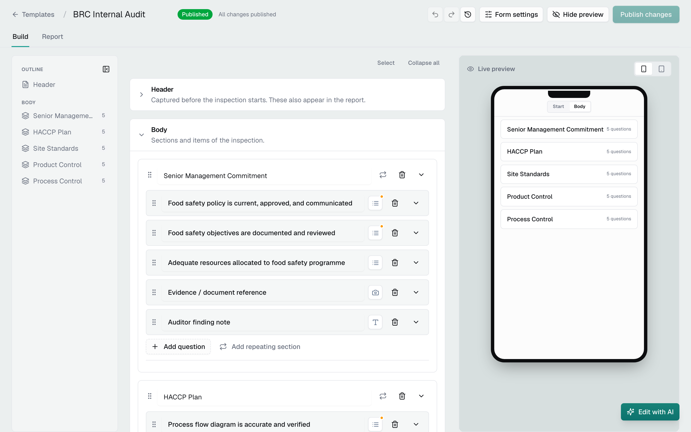 The template editor's Build tab with the outline on the left, sections and questions in the middle, and the live preview on the right