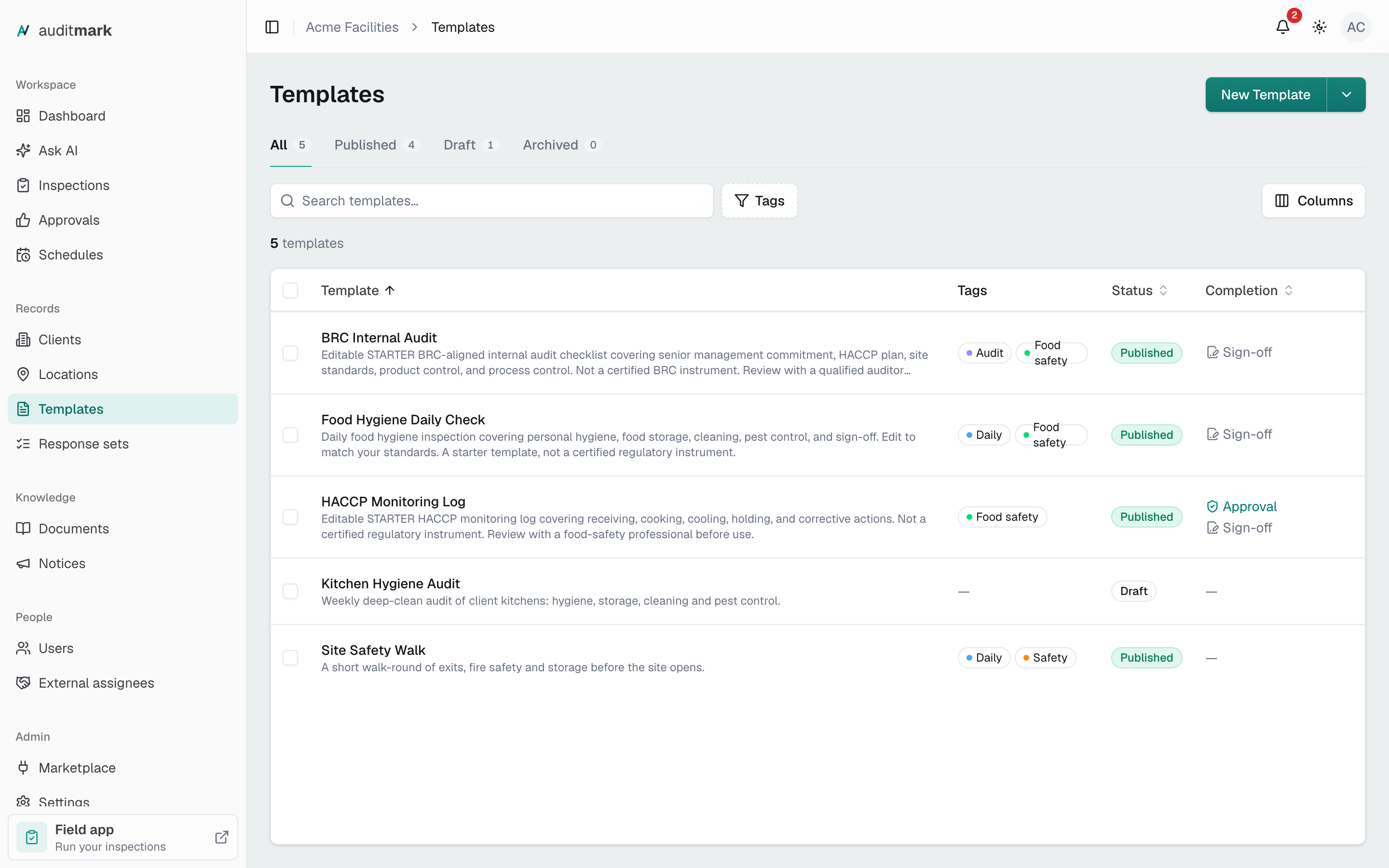 The templates list with published and draft templates, their tags, and the status tabs above