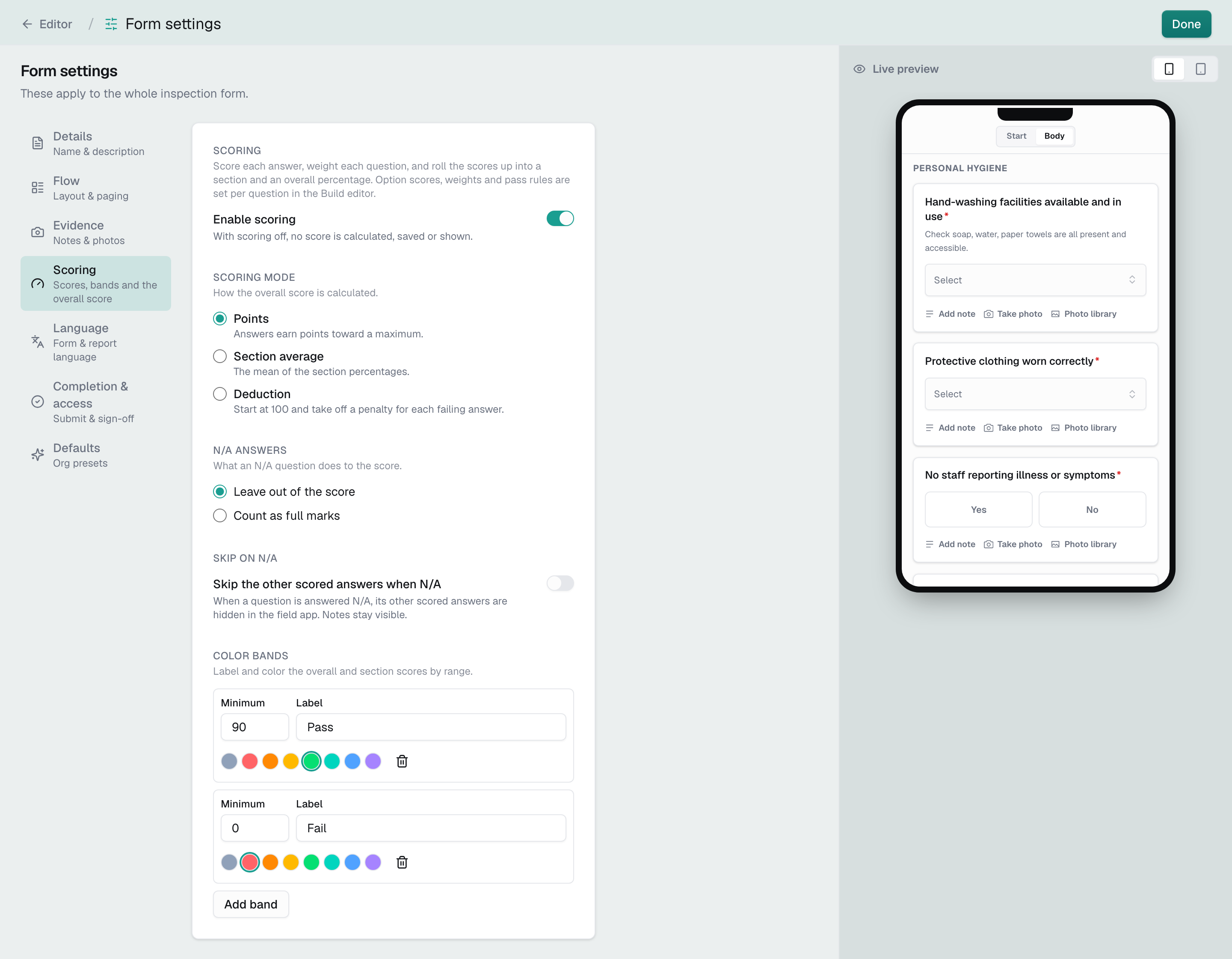 Form settings open on Scoring, with scoring turned on, Points selected, and two color bands