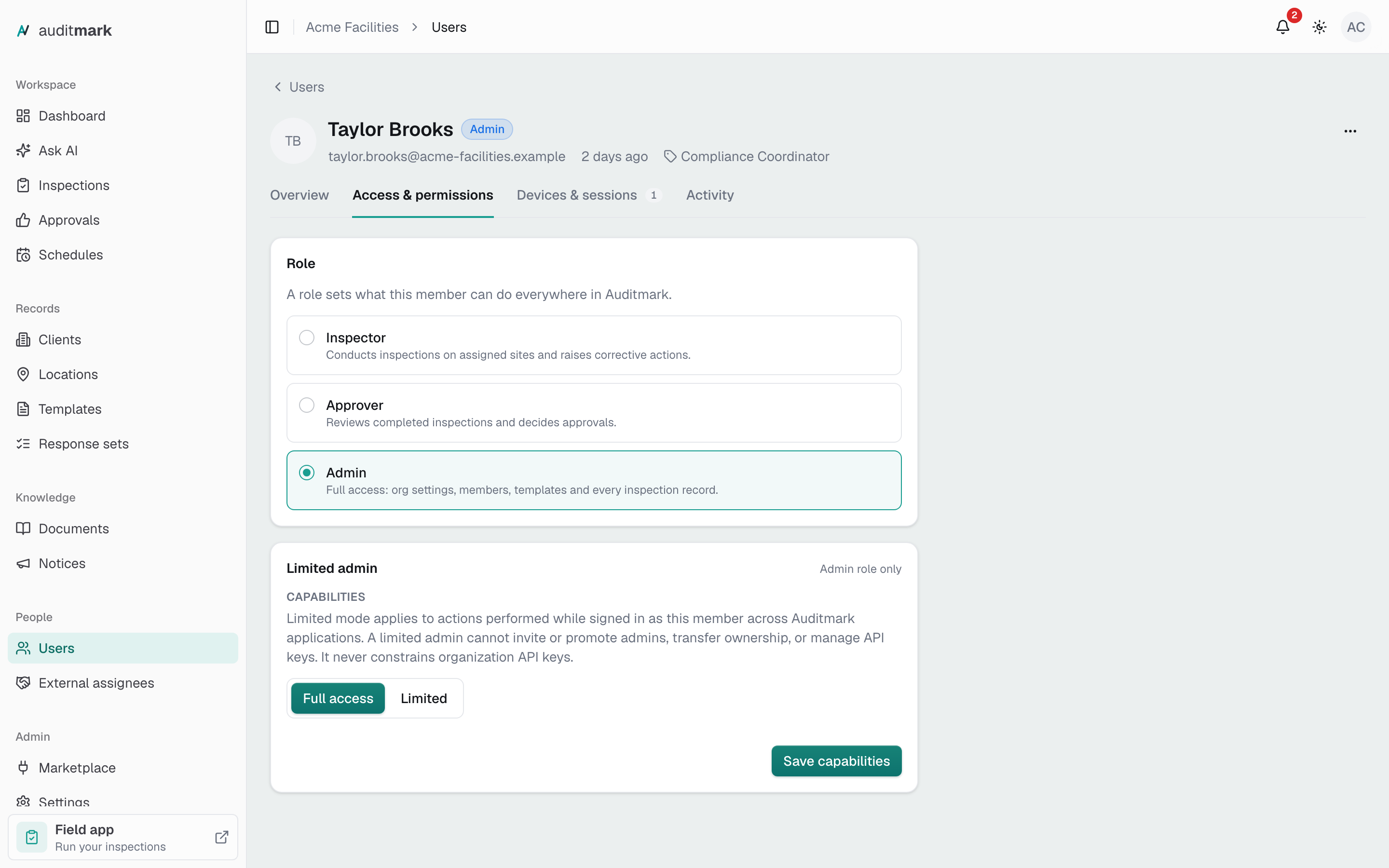 An admin's Access & permissions tab with the three role choices and the Limited admin card