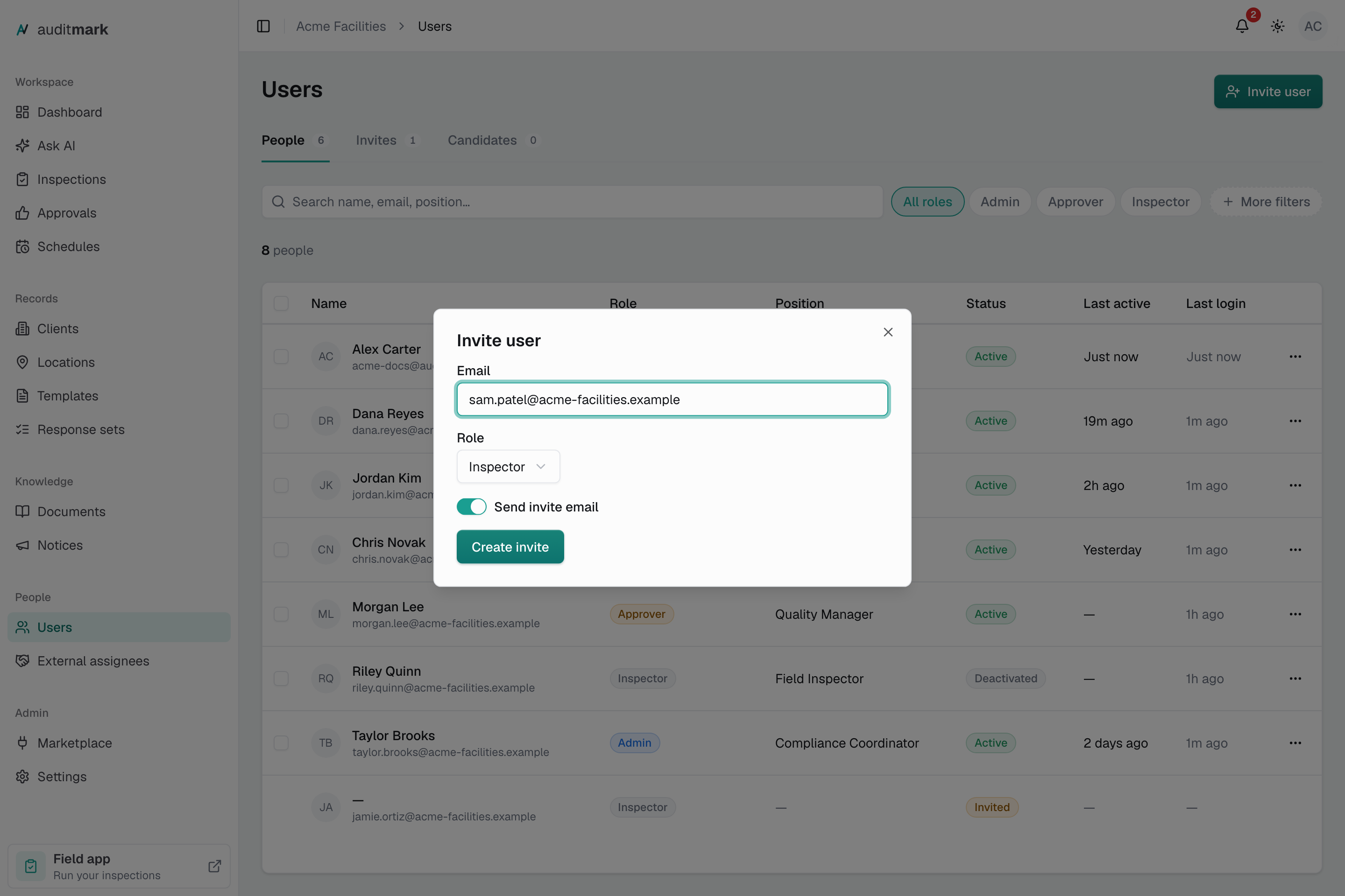 The Invite user dialog with an email address entered and the Inspector role chosen